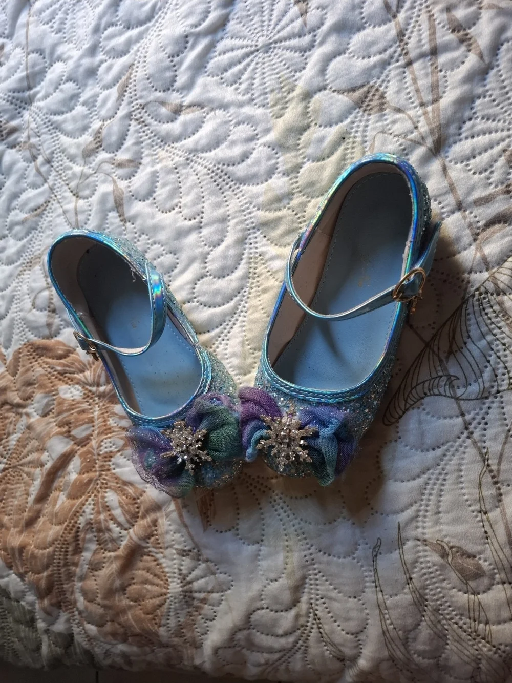 Sparkly Blue Girls Mary Jane Shoes with Purple & Teal Flower
